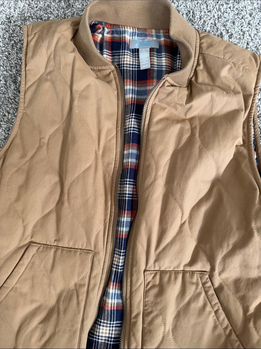 Men's Quilted Tan Vest with Plaid Lining